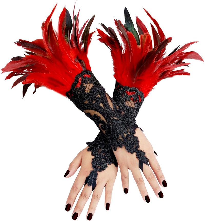 UQJE 2PCS Women's Lace Feather Long Gloves Gothic Mesh Cuff Wedding Halloween Party - Image 1